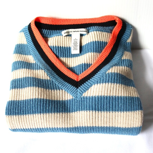Cotton By Autumn Cashmere Sweater Women's Petite Small Stripes Blue Coral Black - Picture 1 of 10